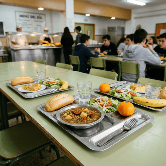 School cafeteria lunch trays with soup, salad, fruit, bread, and water