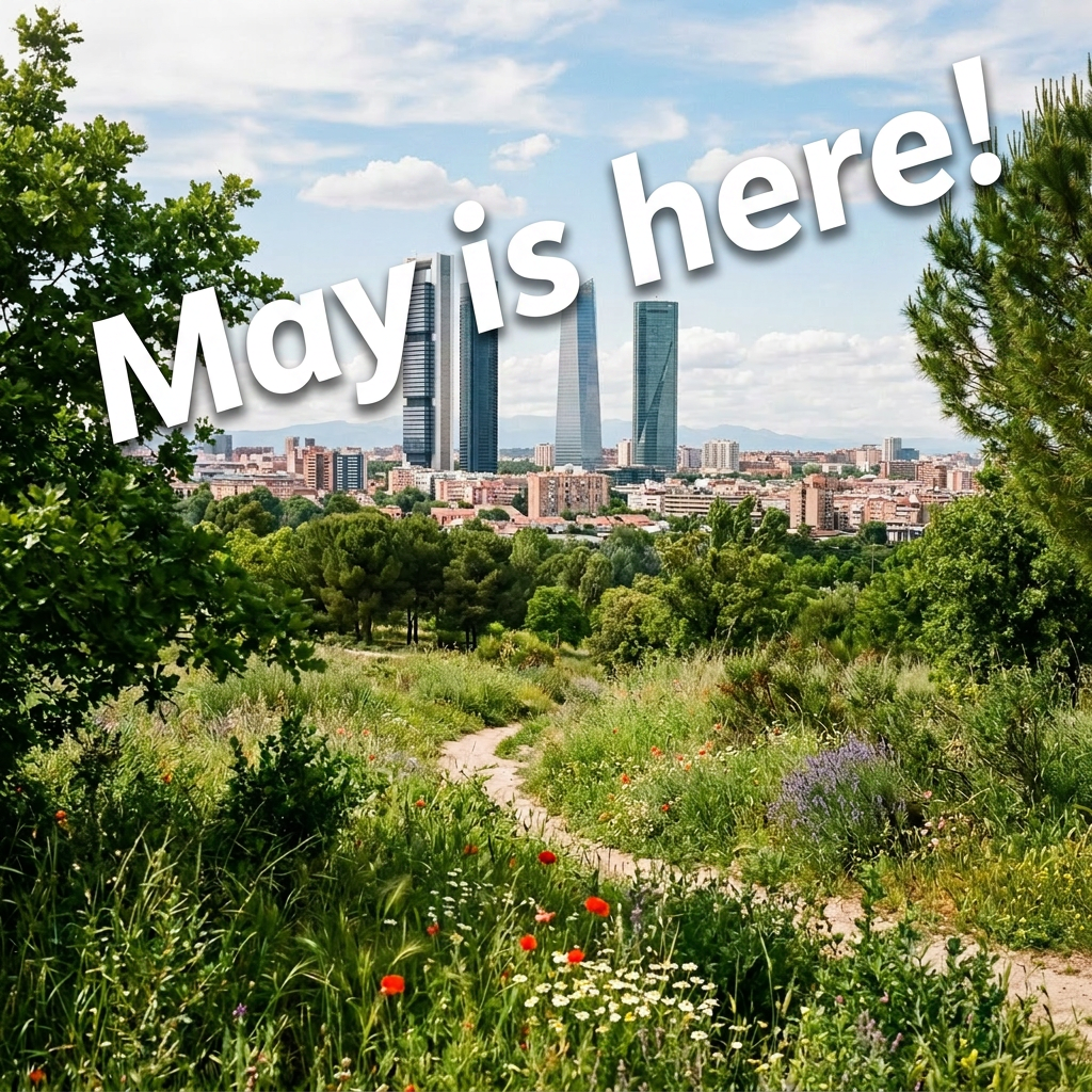 Path through wildflowers and greenery with Madrid's four modern skyscrapers in background