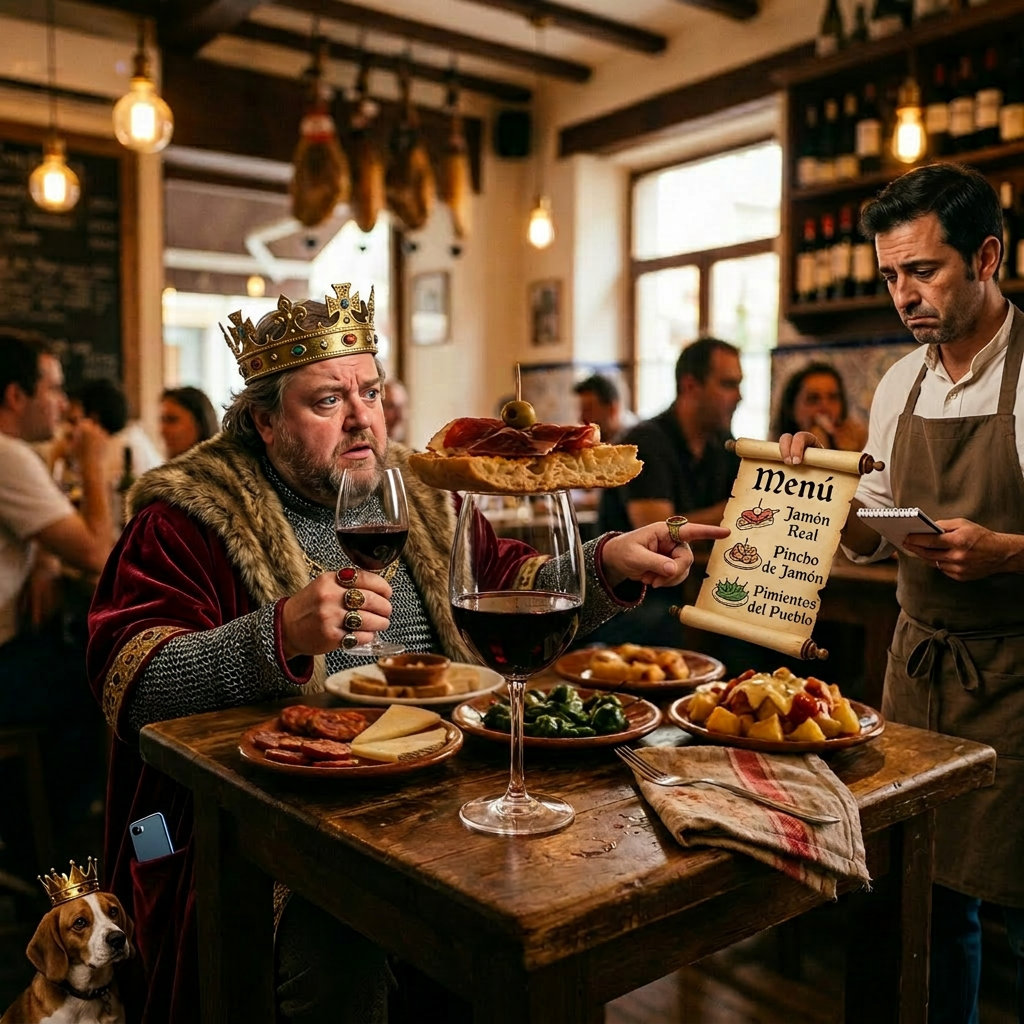 Wooden table with tapas dishes and a glass of red wine in a busy bar