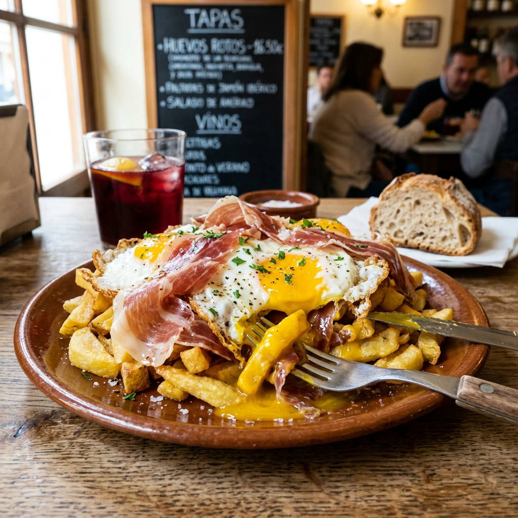 Plate of fries topped with fried eggs and slices of cured ham with bread and a glass of red drink