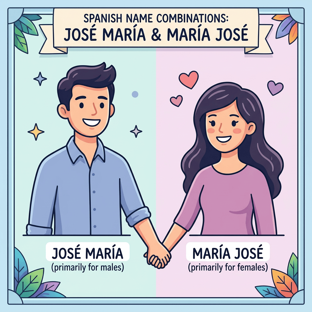 Infographic comparing Spanish names José María and María José, their origins, meanings, nicknames, and cultural significance