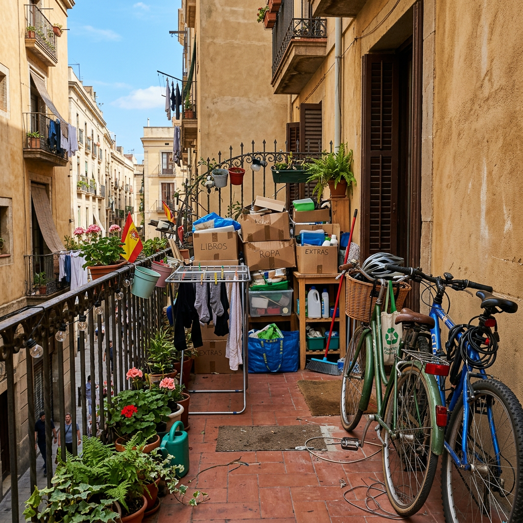 Balcony with potted plants, two bicycles, drying laundry, and boxes labeled libros, ropa, extras