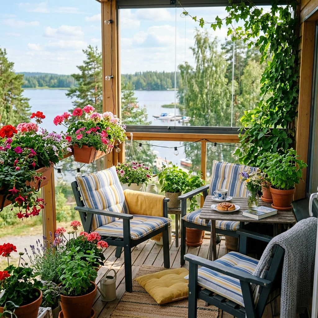 Woman sitting on balcony with flowers, drinking tea, and looking at lake