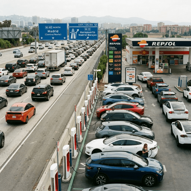 Line of electric vehicles charging at EVgo charging station near busy freeway