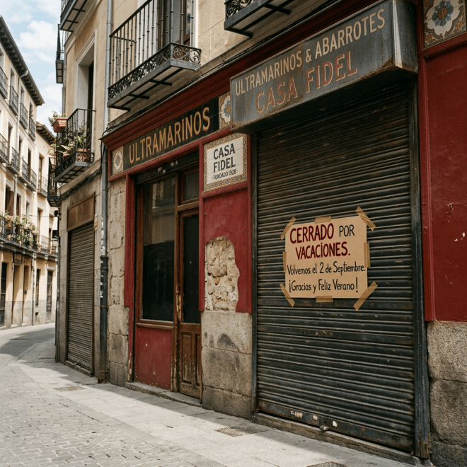 Closed storefront of Casa Fidel with sign stating closed for vacations until September 2