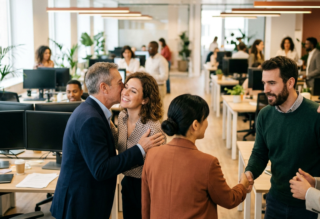 Coworkers shaking hands and exchanging friendly greetings in an open office